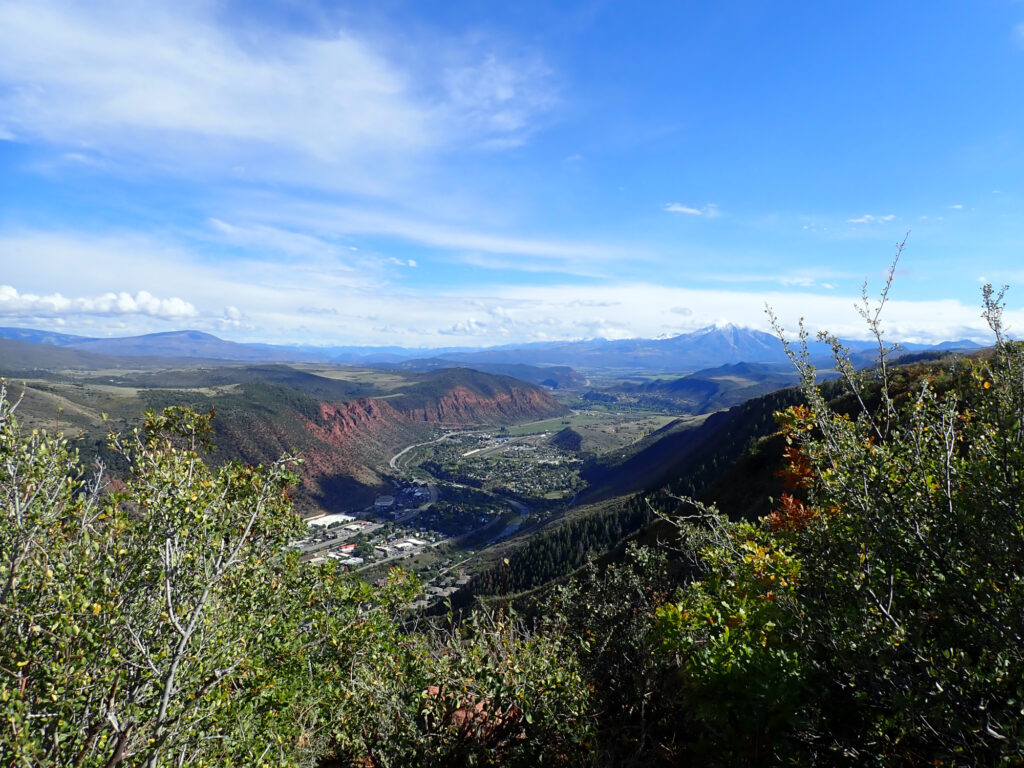 A view of the town of Glenwood Springs, Colorado from a mountain hiking path