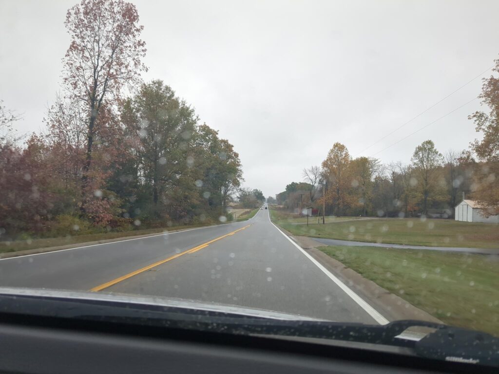 a view out the front window of a car, rain splattering the windshield, trees on both sides of the road