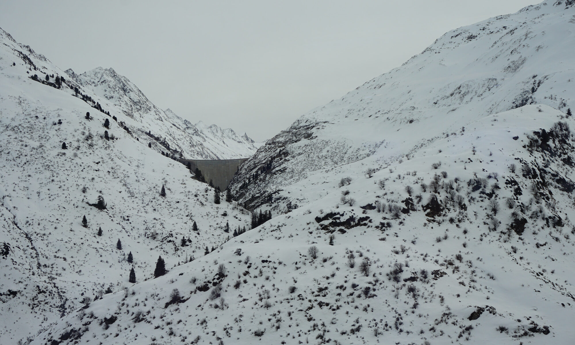 Mountain valley covered in snow in the Swiss Alps