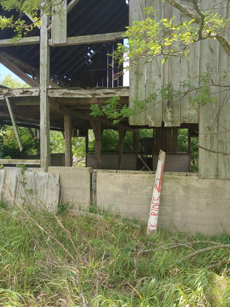 An old barn with empty spaces in the wall and a sign leaning against the building that reads, "Rides" with an arrow pointing left.